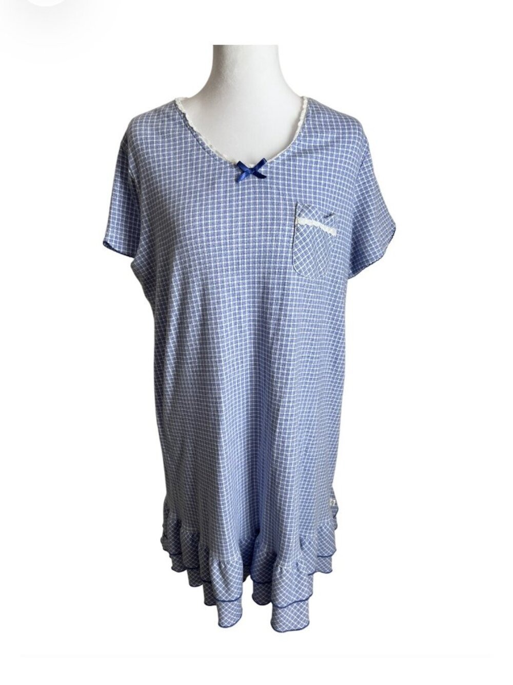 Karen Neuburger Blue Gingham Floral Trim Ruffle Nightgown Sleep Dress - Size Lg